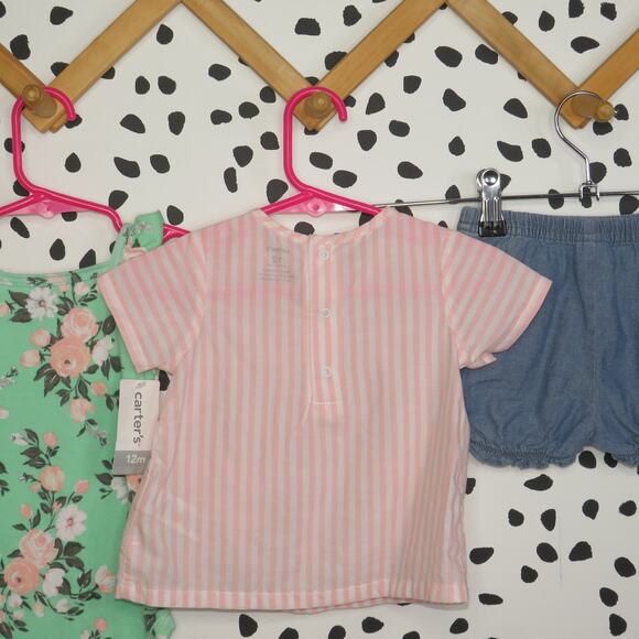 Carter’s Pink Striped and Green Floral 3 Pack Baby Outfit Set - Picture 4 of 6